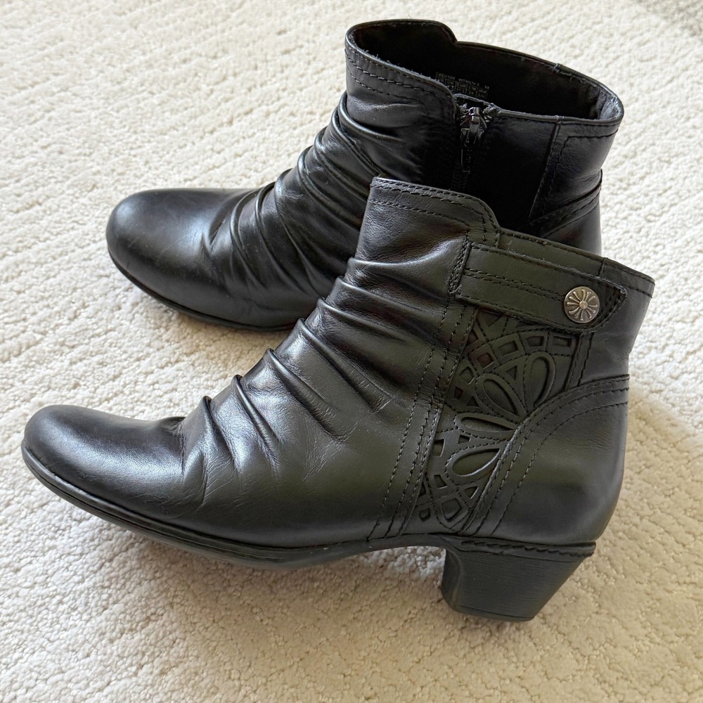 Rockport Cobb Hill Black Leather Ruched Laser Cut Ankle Boots Womens 7